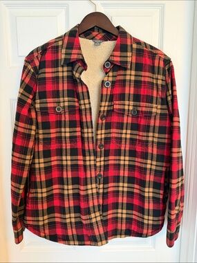 Eddie Bauer Red Black Tan Plaid Teddy-Lined Shacket